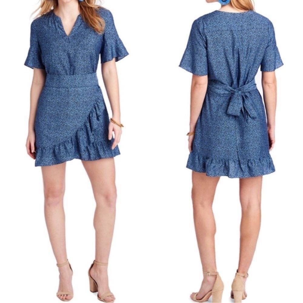 Vineyard Vines Blue Floral Ruffle Wrap Dress